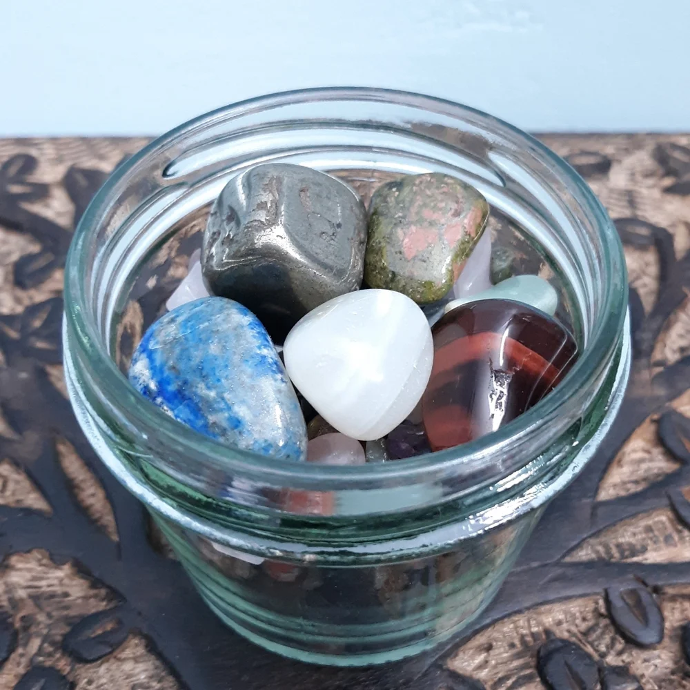 Crystal Jar Mini Mineral Assortment Red Tiger's Eye Pyrite Lapis Lazuli Blue Red